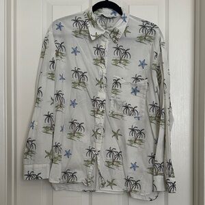 Zara Women's White Palm Tree & Starfish Print Button-Down Shirt
